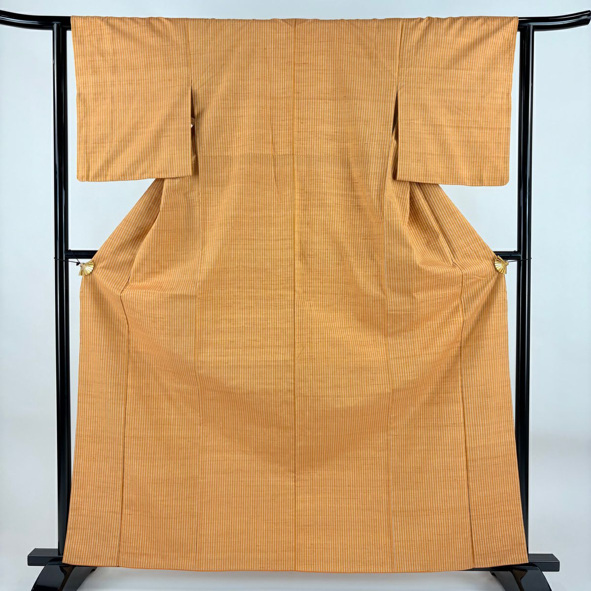 【美品】 紬織 身長162cm 袖長62.5cm S 雙層 縱條紋 橙色 純蠶絲 優品級