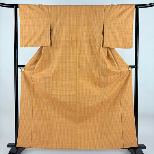 【美品】 紬織 身長162cm 袖長62.5cm S 雙層 縱條紋 橙色 純蠶絲 優品級