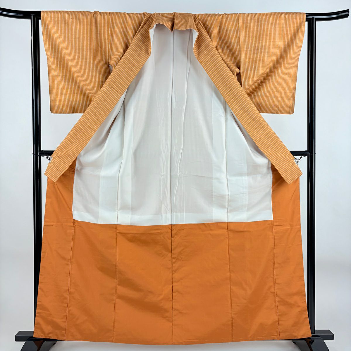 【美品】 紬織 身長162cm 袖長62.5cm S 雙層 縱條紋 橙色 純蠶絲 優品級