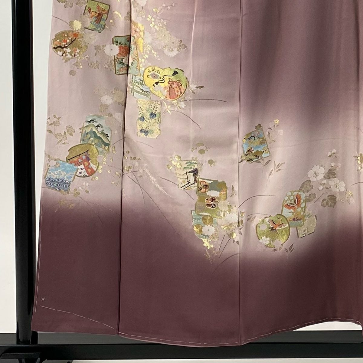 留袖禮服禮服 身長156cm 袖長64cm M 雙層 色紙 團扇子 金線 漸層 淺紫 純蠶絲 優品級 一個紋
