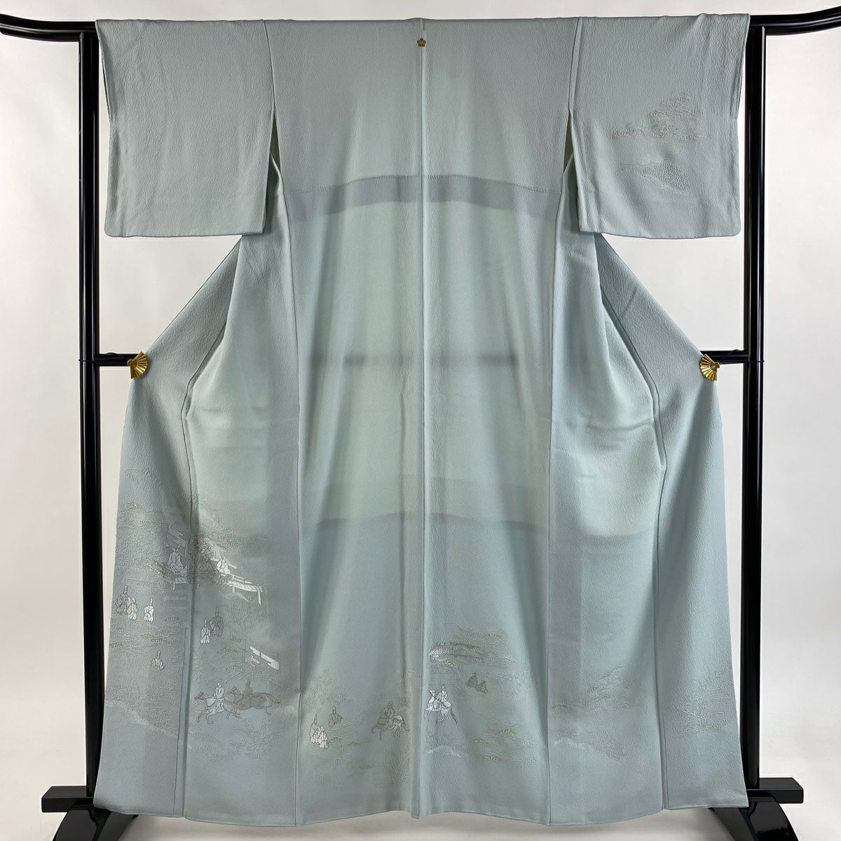 付下 身長162.5cm 袖長63.5cm S 雙層 人物 ヱ霞 刺繡 金糸 水色 純蠶絲 秀品級 一つ紋