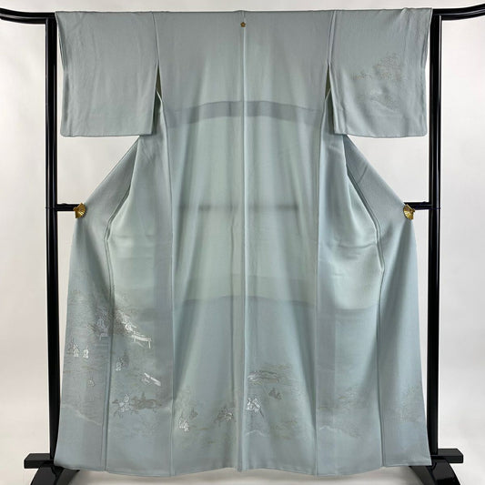 付下 身長162.5cm 袖長63.5cm S 雙層 人物 ヱ霞 刺繡 金糸 水色 純蠶絲 秀品級 一つ紋