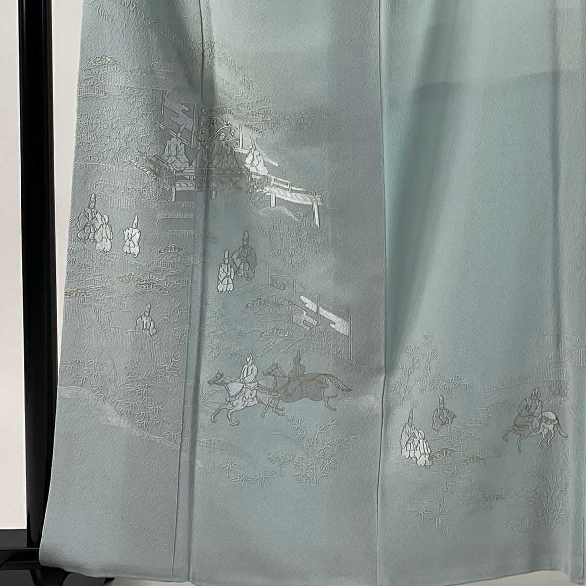 付下 身長162.5cm 袖長63.5cm S 雙層 人物 ヱ霞 刺繡 金糸 水色 純蠶絲 秀品級 一つ紋