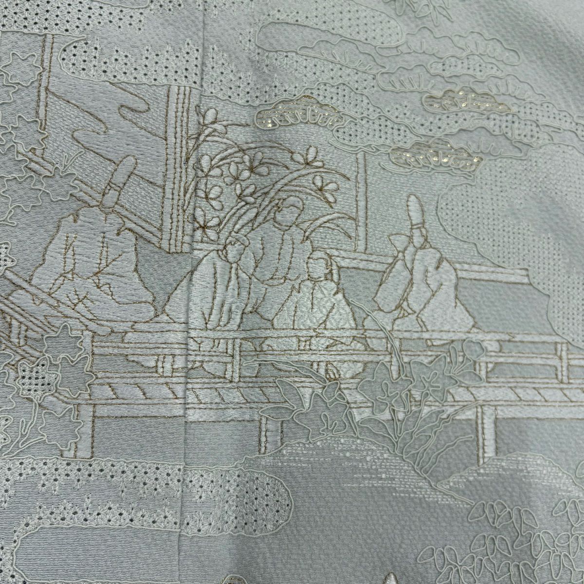 付下 身長162.5cm 袖長63.5cm S 雙層 人物 ヱ霞 刺繡 金糸 水色 純蠶絲 秀品級 一つ紋