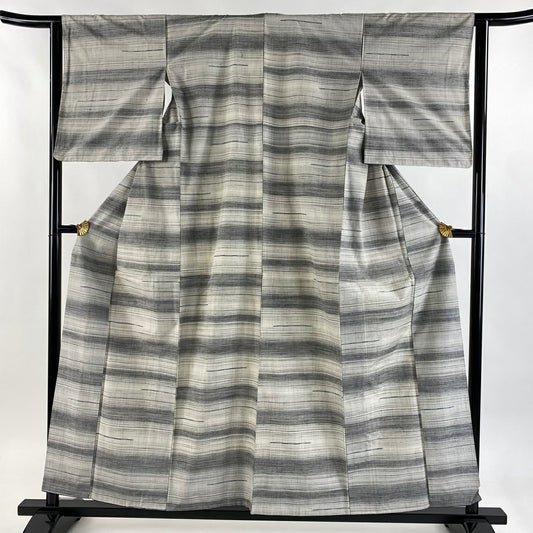 【美品】 紬織 身長155.5cm 袖長62cm S 雙層 證書附帶 段紋 灰色 純蠶絲 優品級