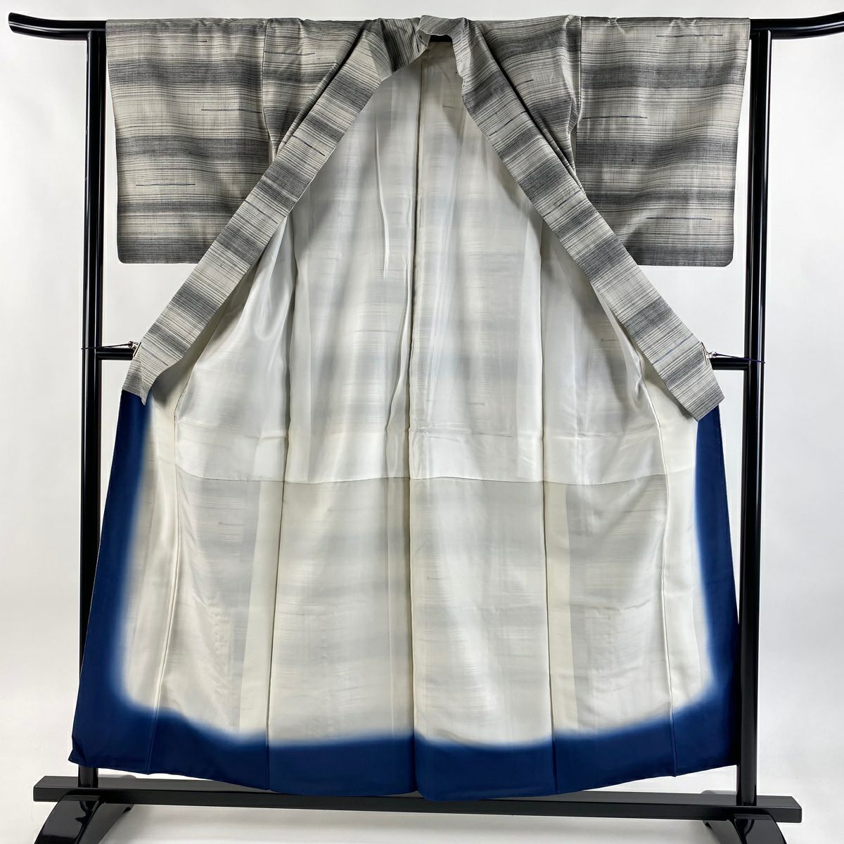 【美品】 紬織 身長155.5cm 袖長62cm S 雙層 證書附帶 段紋 灰色 純蠶絲 優品級