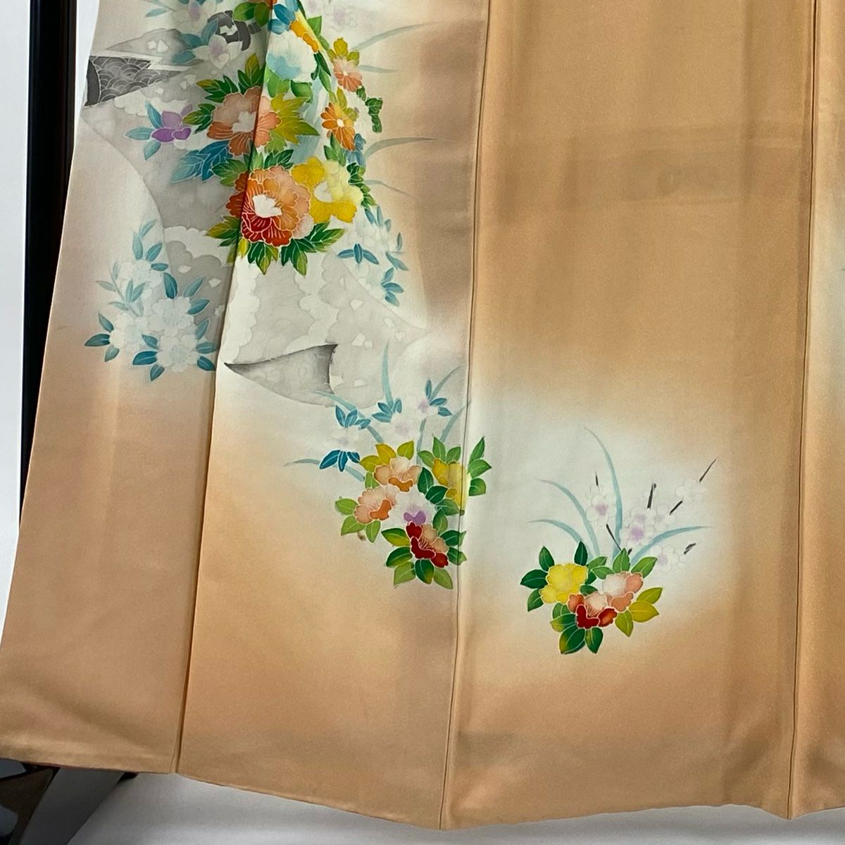 付下 身長163cm 袖長65cm M 雙層 草花紋紋 漸層 橙色 純蠶絲 優品級