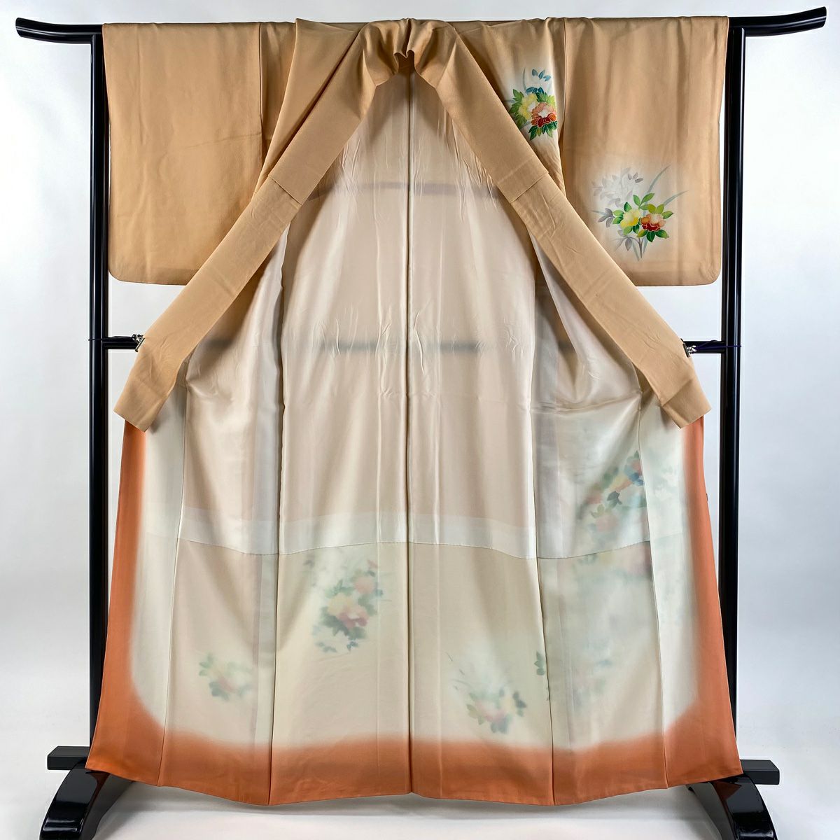 付下 身長163cm 袖長65cm M 雙層 草花紋紋 漸層 橙色 純蠶絲 優品級