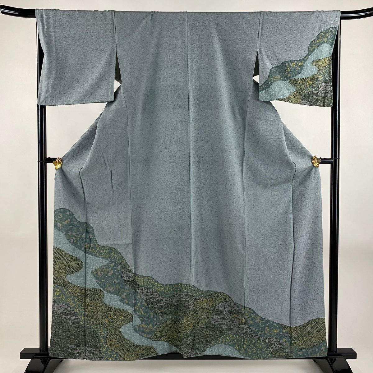付下 身長160cm 袖長67cm M 雙層 流水 芝 金銀彩 染分 青灰 純蠶絲 秀品級