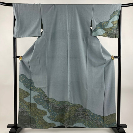 付下 身長160cm 袖長67cm M 雙層 流水 芝 金銀彩 染分 青灰 純蠶絲 秀品級