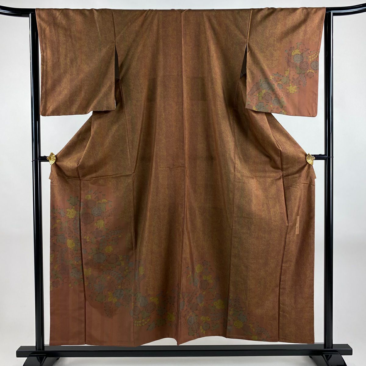 【美品】 付下 身長154.5cm 袖長63.5cm S 雙層 紬織織 落款あり 辻花染 縱條 紅茶 純蠶絲 秀品級