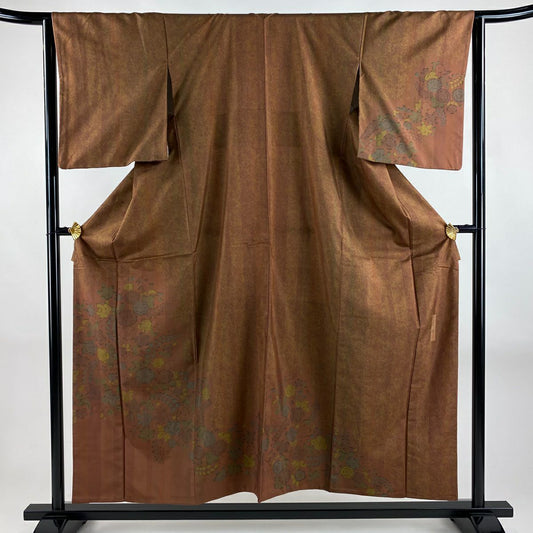 【美品】 付下 身長154.5cm 袖長63.5cm S 雙層 紬織織 落款あり 辻花染 縱條 紅茶 純蠶絲 秀品級