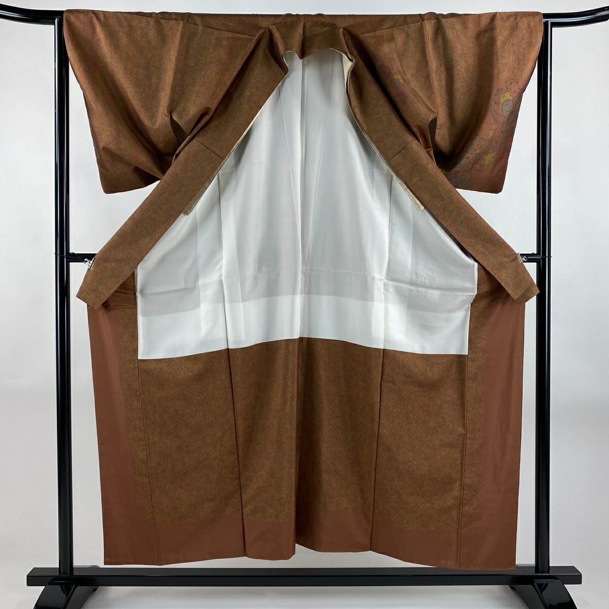 【美品】 付下 身長154.5cm 袖長63.5cm S 雙層 紬織織 落款あり 辻花染 縱條 紅茶 純蠶絲 秀品級