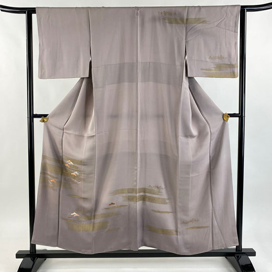 訪問服 身長155cm 袖長61.5cm S 雙層 笠松樹 霞 刺繡 金彩裝飾 灰紫 純蠶絲 秀品級 一つ紋