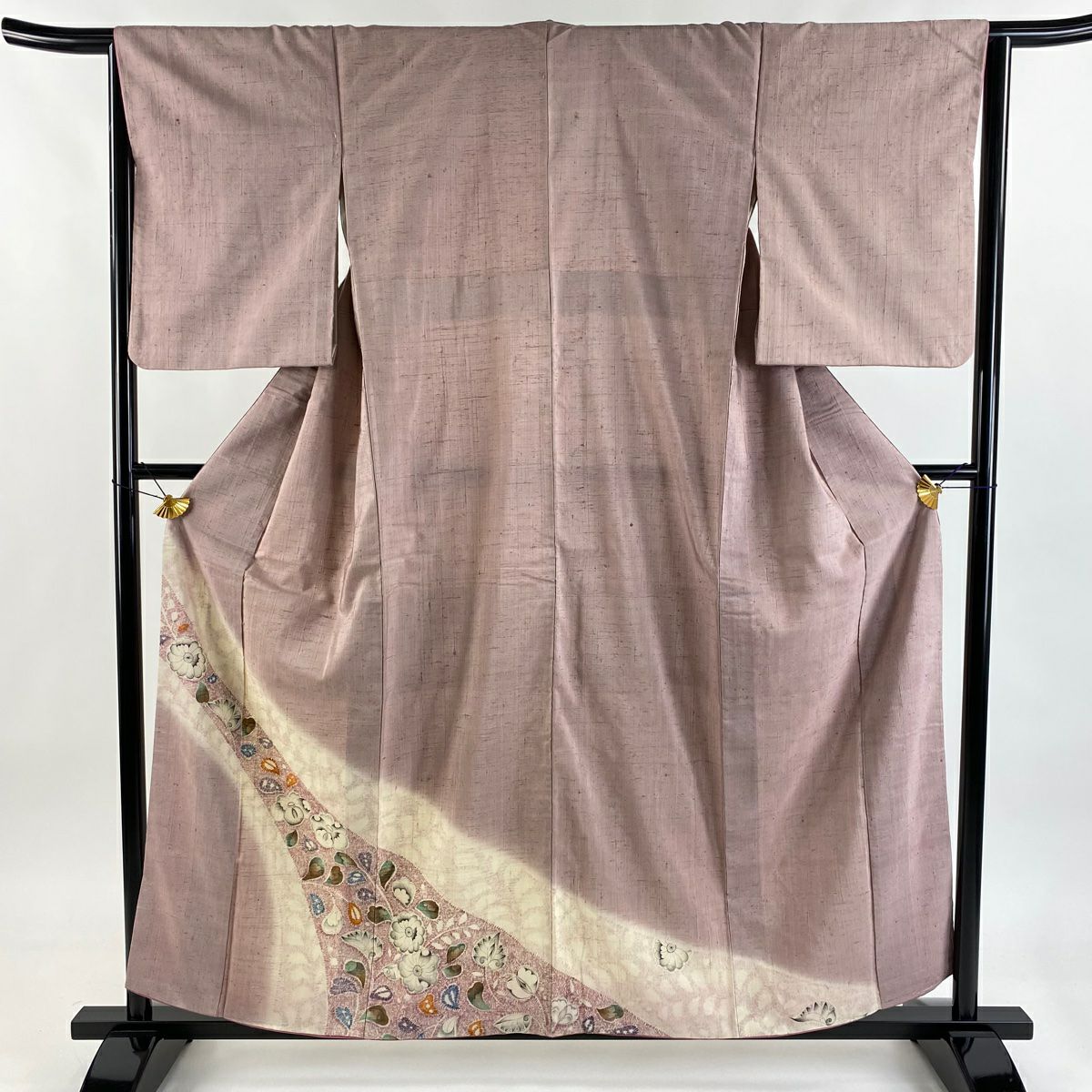 付下 身長159.5cm 袖長64.5cm M 雙層 紬織織 辻花染 粉紅 純蠶絲 優品級