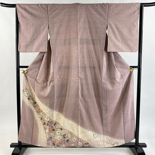 付下 身長159.5cm 袖長64.5cm M 雙層 紬織織 辻花染 粉紅 純蠶絲 優品級