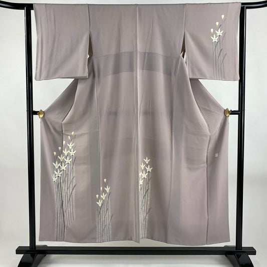付下 身長151cm 袖長63.5cm S 雙層 落款 草花紋紋 淺紫 純蠶絲 優品級