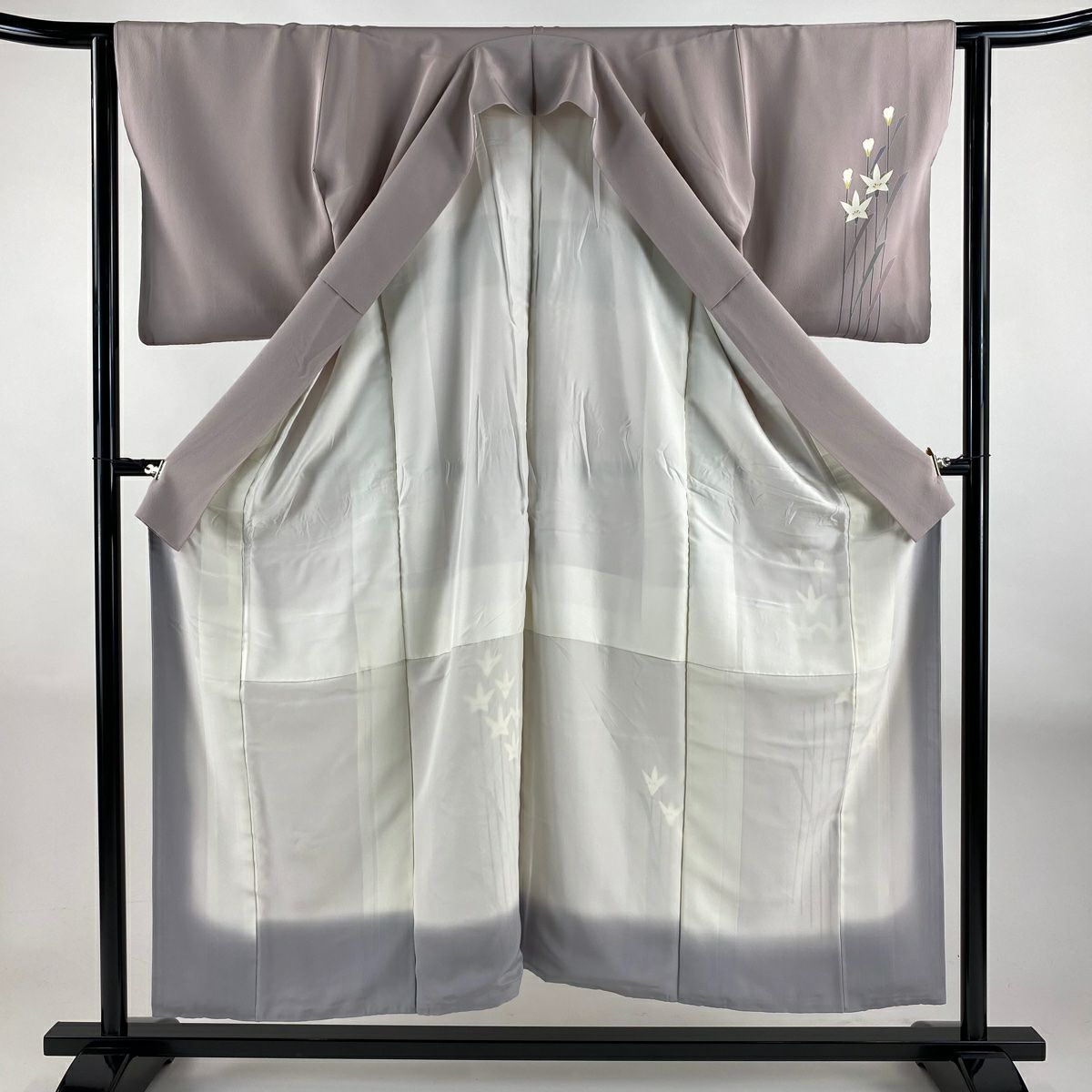 付下 身長151cm 袖長63.5cm S 雙層 落款 草花紋紋 淺紫 純蠶絲 優品級