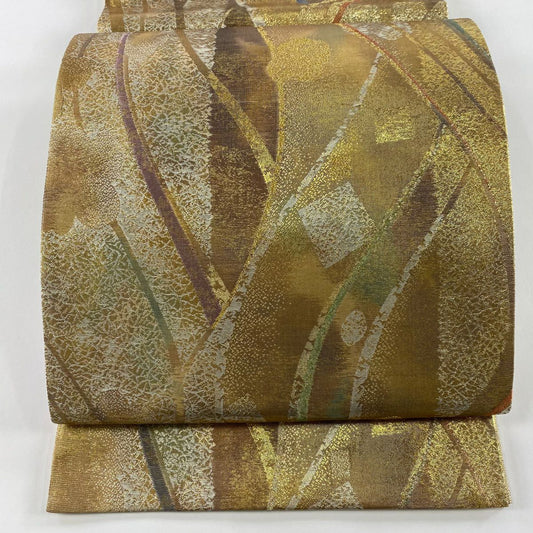 袋帶 秀品級 斜條花紋 金彩裝飾 金金箔 金 六通 純蠶絲