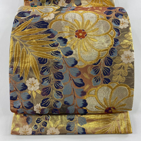 袋帶 秀品級 花 葉紋 金銀線 金金箔 金 六通 純蠶絲