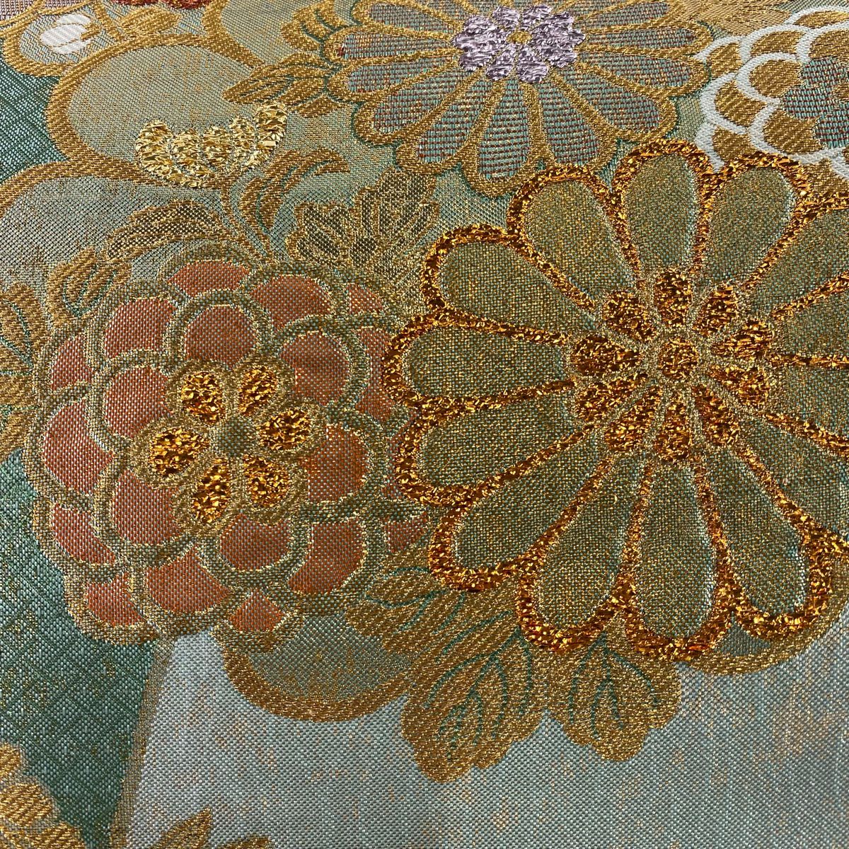 袋帶 秀品級 菊花花 櫻花 金線 金金箔 水藍色 六通 純蠶絲