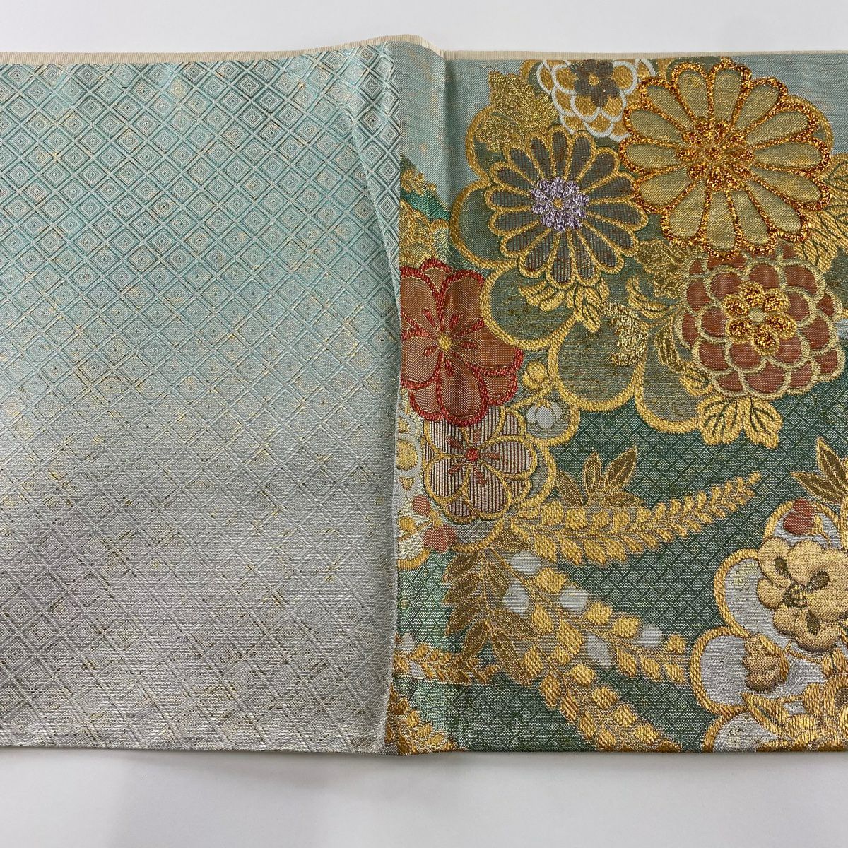 袋帶 秀品級 菊花花 櫻花 金線 金金箔 水藍色 六通 純蠶絲