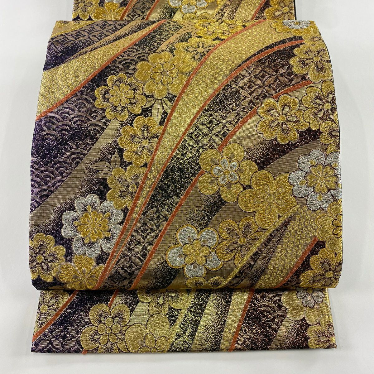 袋帶 秀品級櫻梅花 金銀彩 金色 六通 純蠶絲
