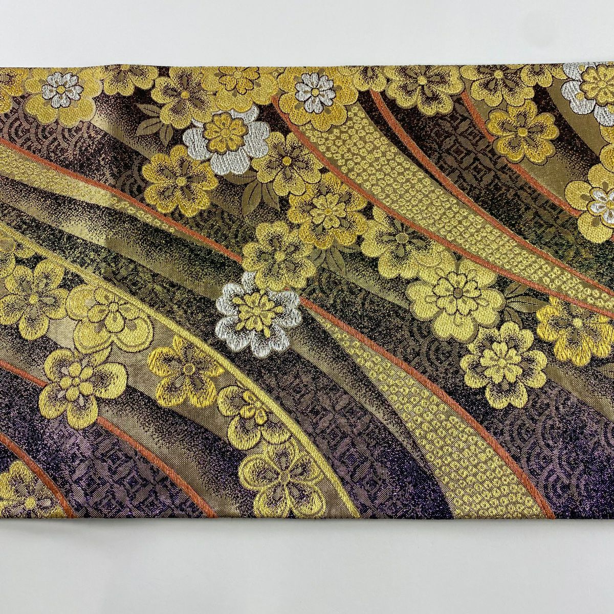 袋帶 秀品級櫻梅花 金銀彩 金色 六通 純蠶絲