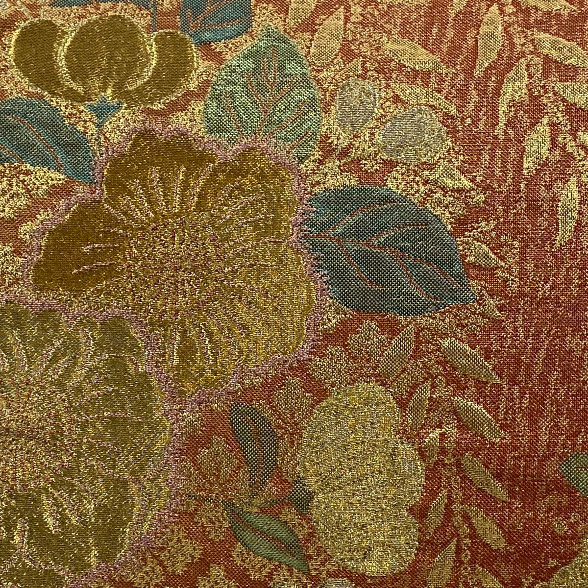 【美品】 袋帶 秀品級 草花紋紋 花菱 金銀彩 金金箔 朱紅 六通 純蠶絲