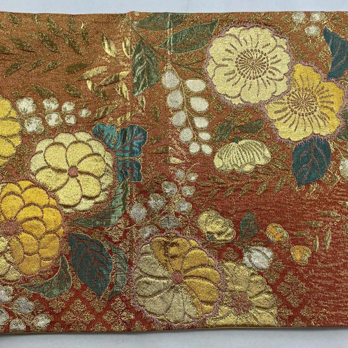 【美品】 袋帶 秀品級 草花紋紋 花菱 金銀彩 金金箔 朱紅 六通 純蠶絲