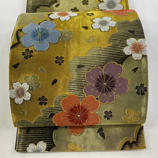 袋帶 秀品級 振袖禮服禮服用 櫻花花瓣 金絲 金金箔 金色 六通 純蠶絲