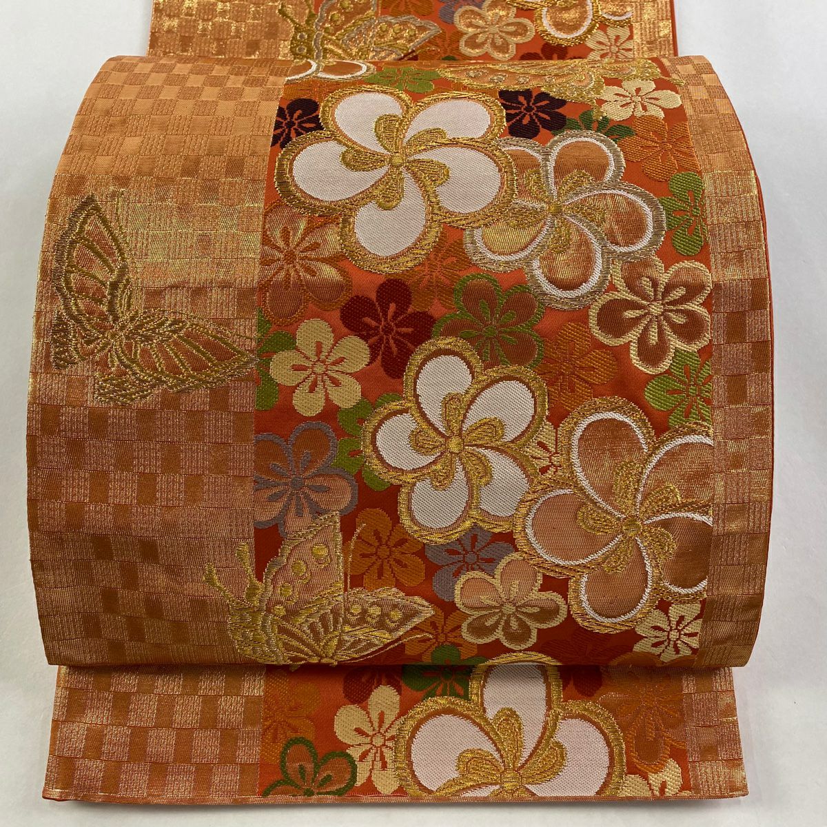 【美品】 袋帶 秀品級 旋梅花 蝴蝶 金絲 金金箔 朱紅 六通 純蠶絲