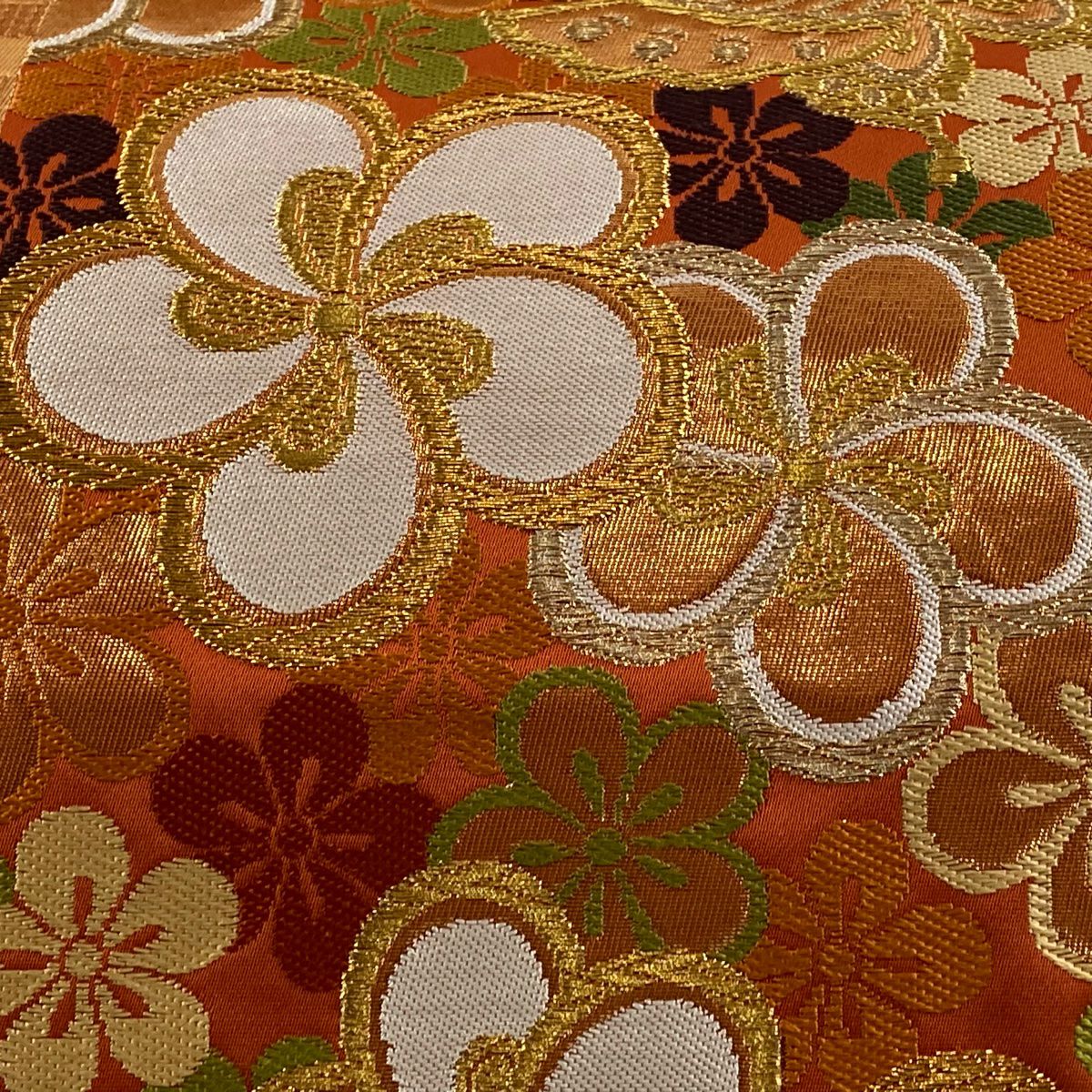 【美品】 袋帶 秀品級 旋梅花 蝴蝶 金絲 金金箔 朱紅 六通 純蠶絲