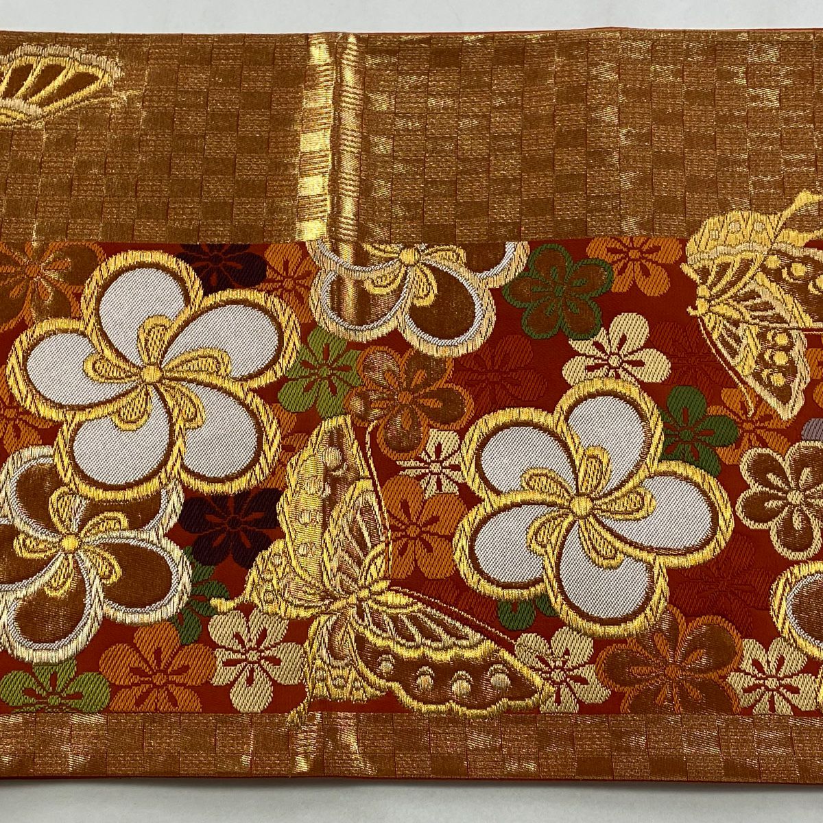 【美品】 袋帶 秀品級 旋梅花 蝴蝶 金絲 金金箔 朱紅 六通 純蠶絲