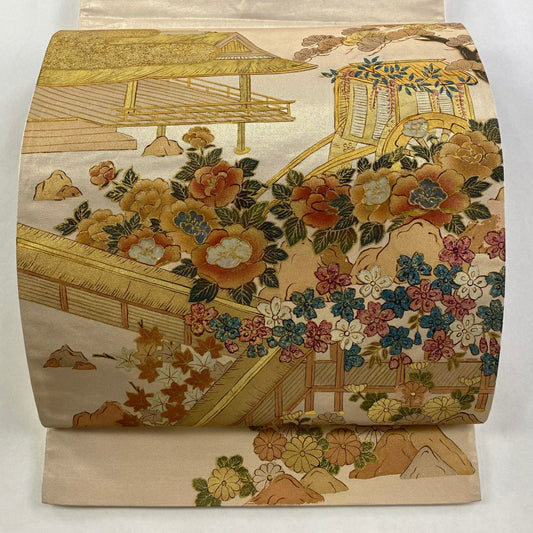 袋帶 優品級 草花紋紋 御所車 螺鈿 金金箔 金色 大鼓圖案 純蠶絲