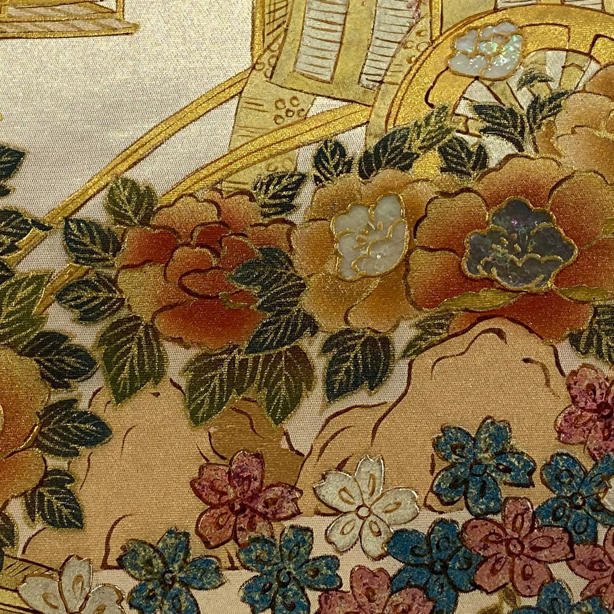 袋帶 優品級 草花紋紋 御所車 螺鈿 金金箔 金色 大鼓圖案 純蠶絲