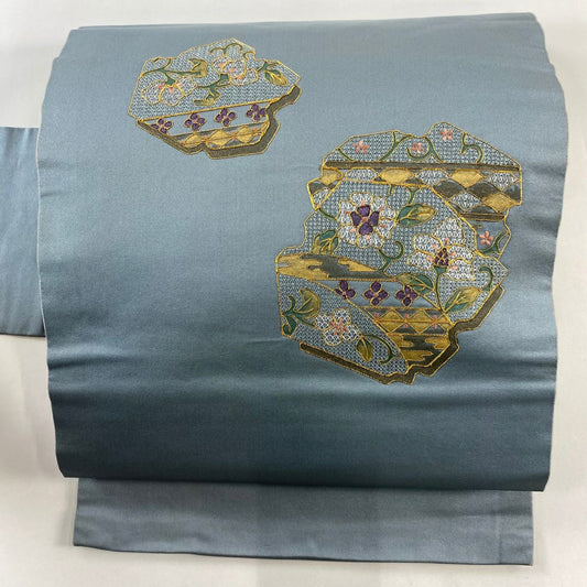 名古屋帶 秀品級 草花紋紋 花唐草紋 金糸刺繡 青灰色 純蠶絲