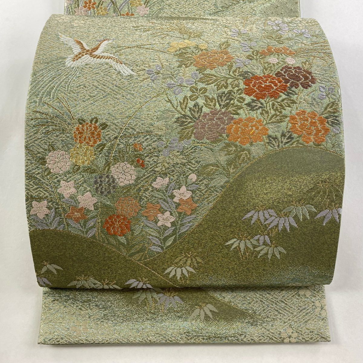 【美品】 袋帶 秀品級 鳥 草花紋紋 金金箔 金絲 蓬色 六通 純蠶絲