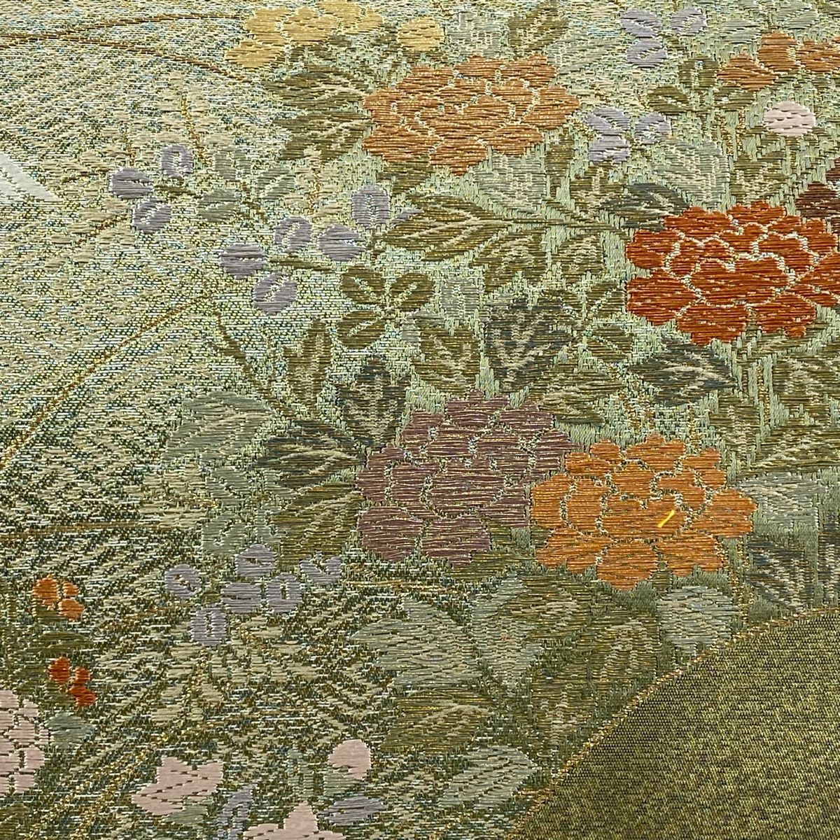 【美品】 袋帶 秀品級 鳥 草花紋紋 金金箔 金絲 蓬色 六通 純蠶絲
