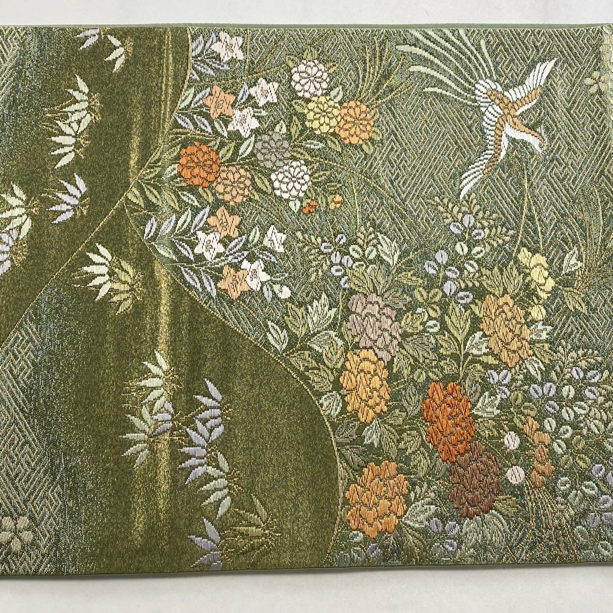 【美品】 袋帶 秀品級 鳥 草花紋紋 金金箔 金絲 蓬色 六通 純蠶絲