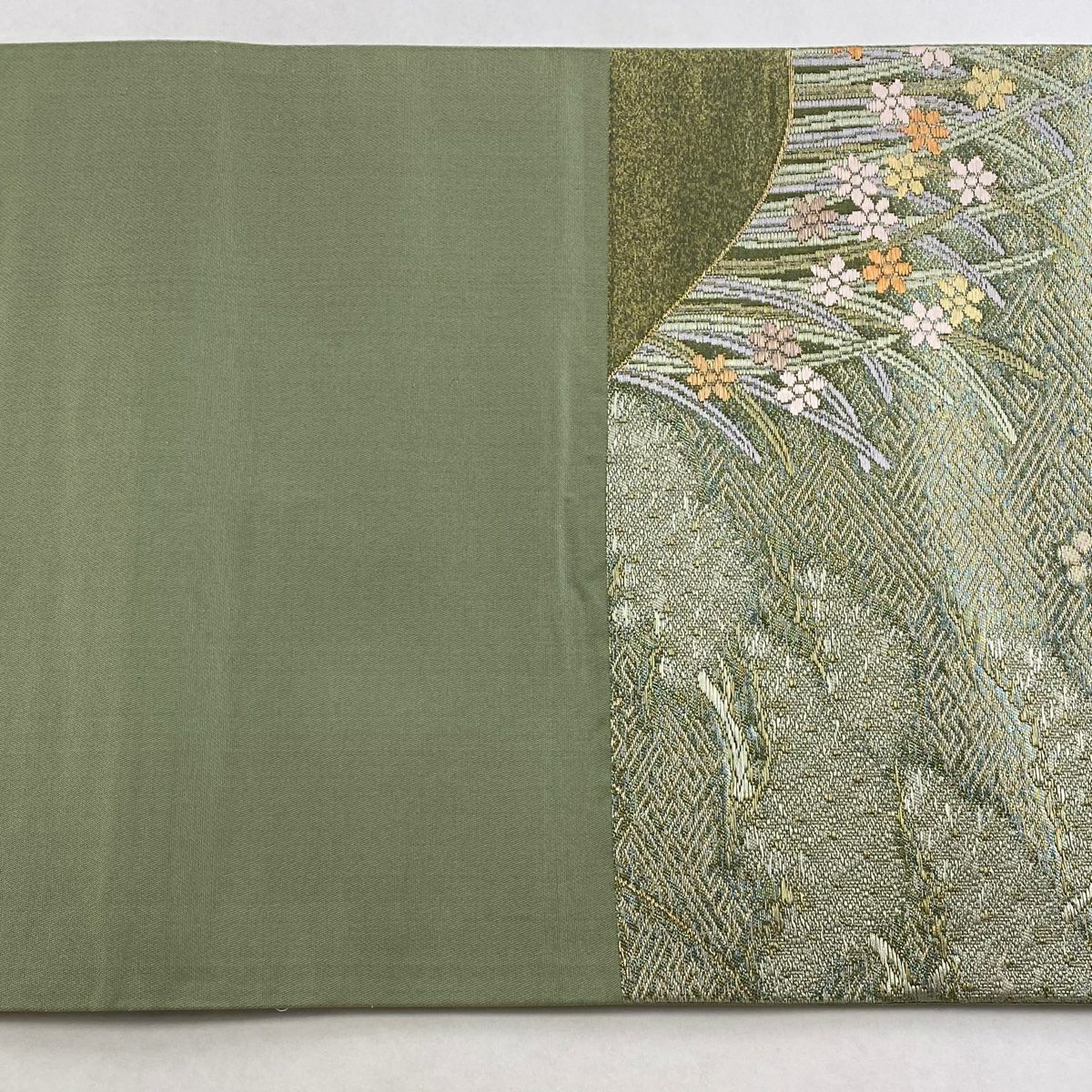 【美品】 袋帶 秀品級 鳥 草花紋紋 金金箔 金絲 蓬色 六通 純蠶絲