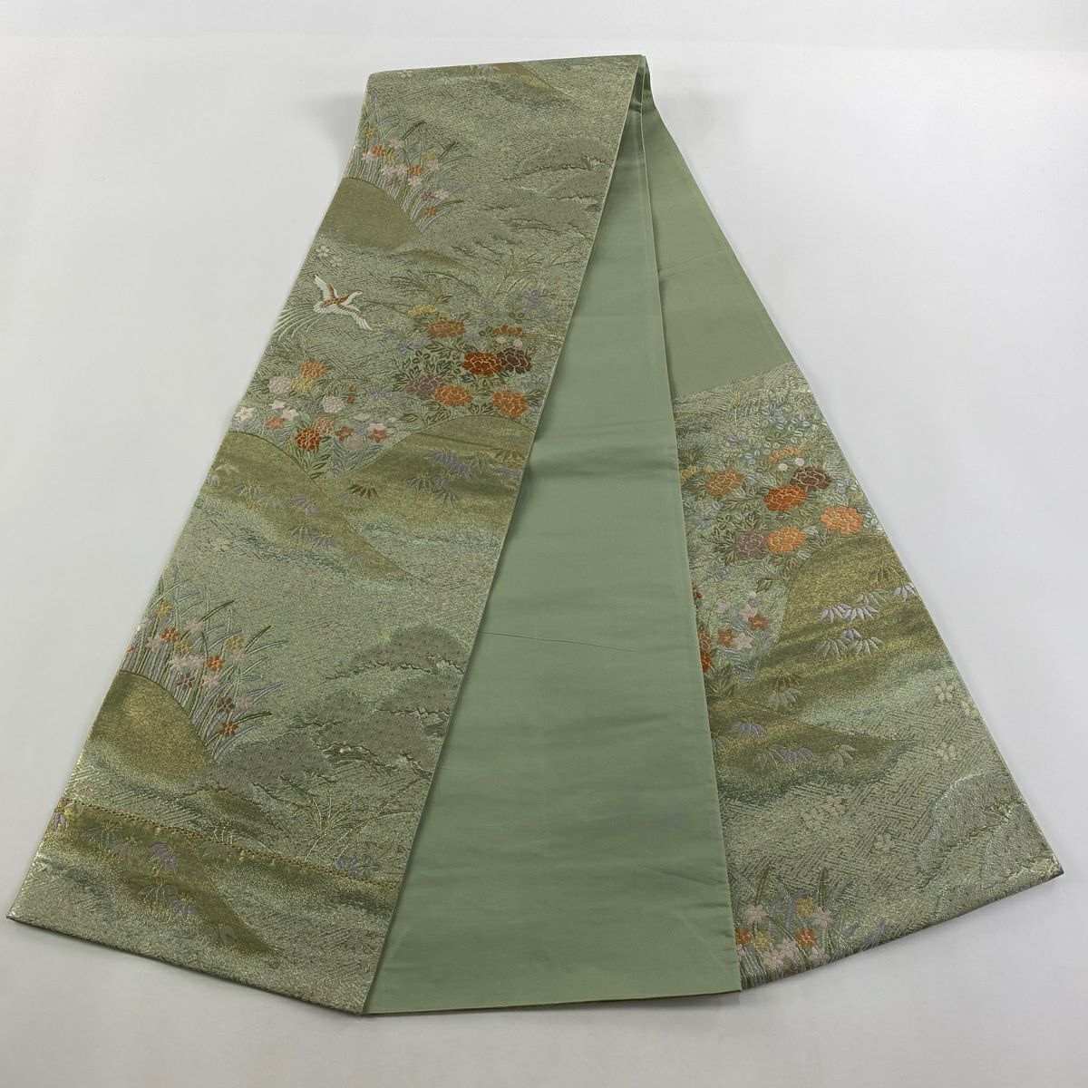【美品】 袋帶 秀品級 鳥 草花紋紋 金金箔 金絲 蓬色 六通 純蠶絲