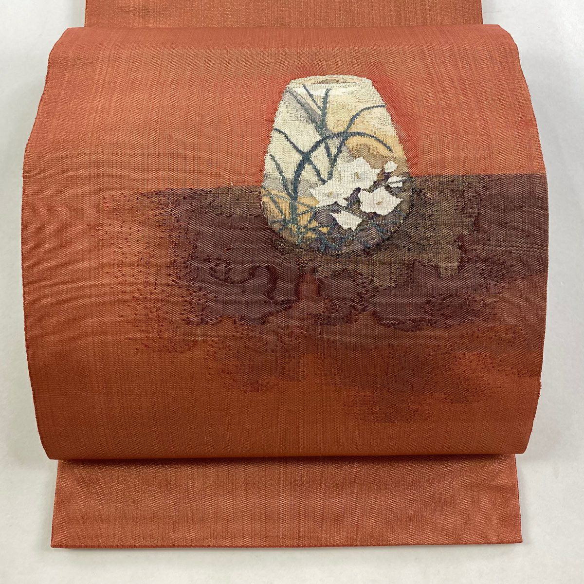 【美品】 袋帶 秀品級 有落款 器物 桔梗 金絲 金金箔 茜 紅色 お太鼓圖案 純蠶絲