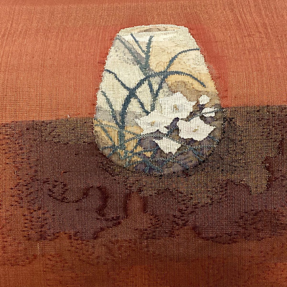 【美品】 袋帶 秀品級 有落款 器物 桔梗 金絲 金金箔 茜 紅色 お太鼓圖案 純蠶絲