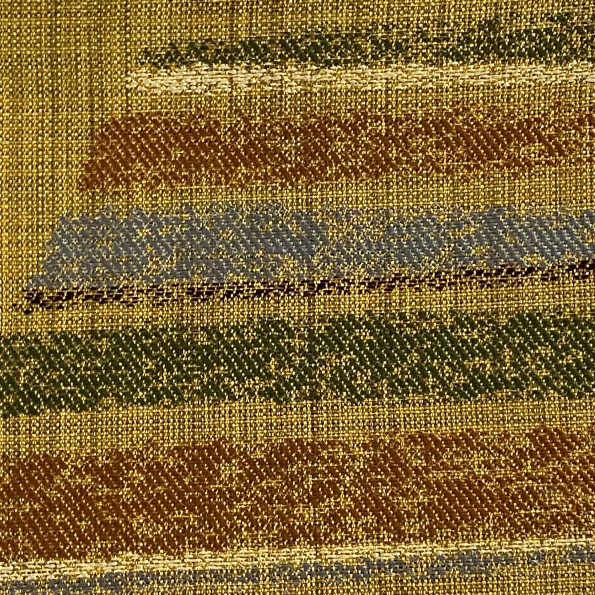 【美品】 袋帶 秀品級 縞 幾何學圖案 金通 山吹茶 純蠶絲 お太鼓柄