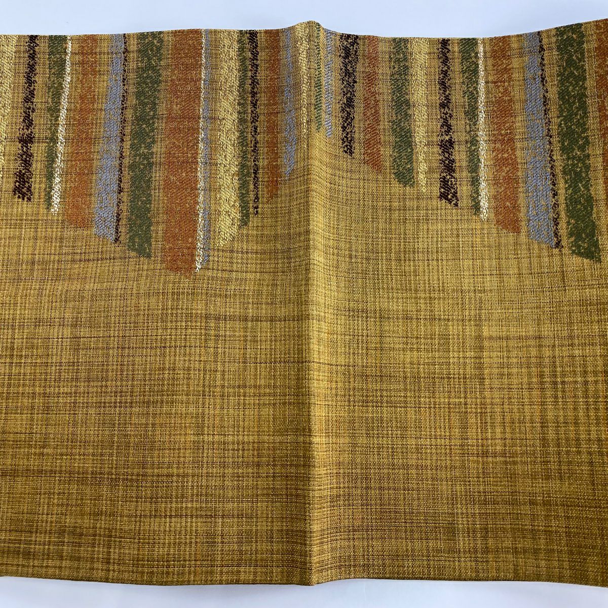 【美品】 袋帶 秀品級 縞 幾何學圖案 金通 山吹茶 純蠶絲 お太鼓柄