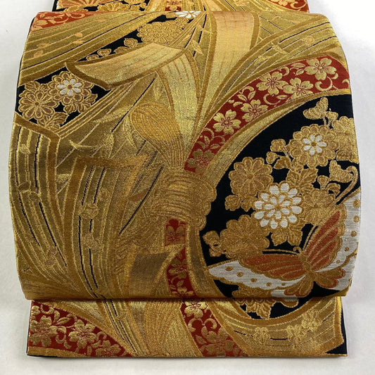 袋帶 秀品級 振袖禮服禮服用 束帶熨斗紋 蝴蝶 金絲 金金箔 金色 六通 純蠶絲