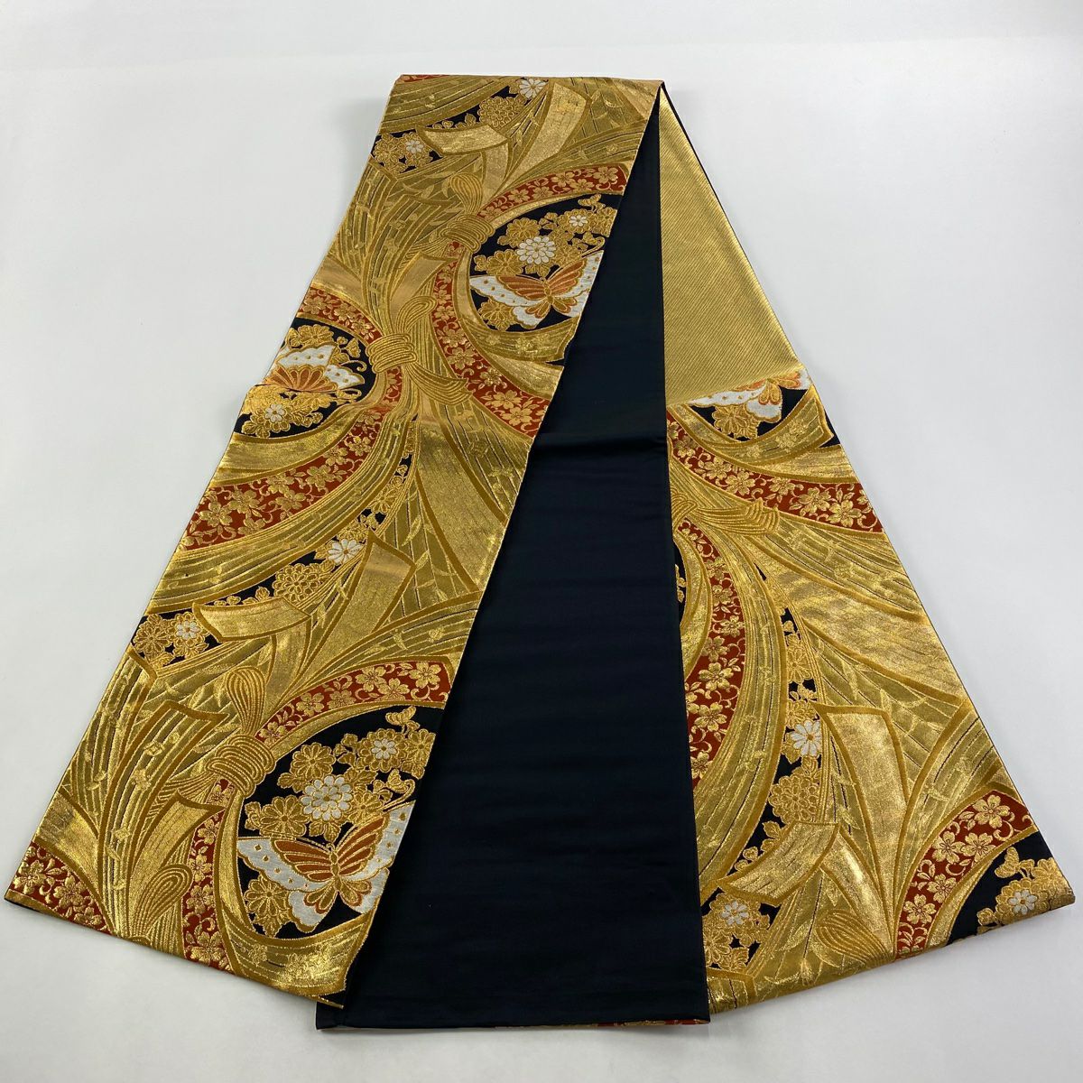 袋帶 秀品級 振袖禮服禮服用 束帶熨斗紋 蝴蝶 金絲 金金箔 金色 六通 純蠶絲