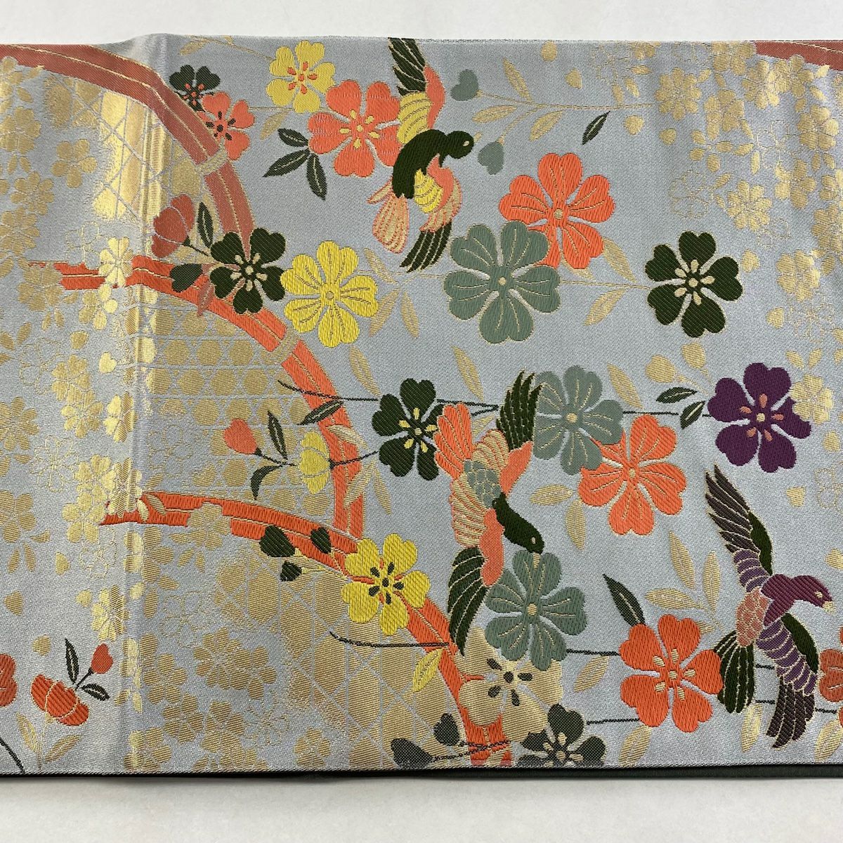 【美品】 袋帶 秀品級 草花紋紋 鳥 金金箔 灰色 六通 純蠶絲