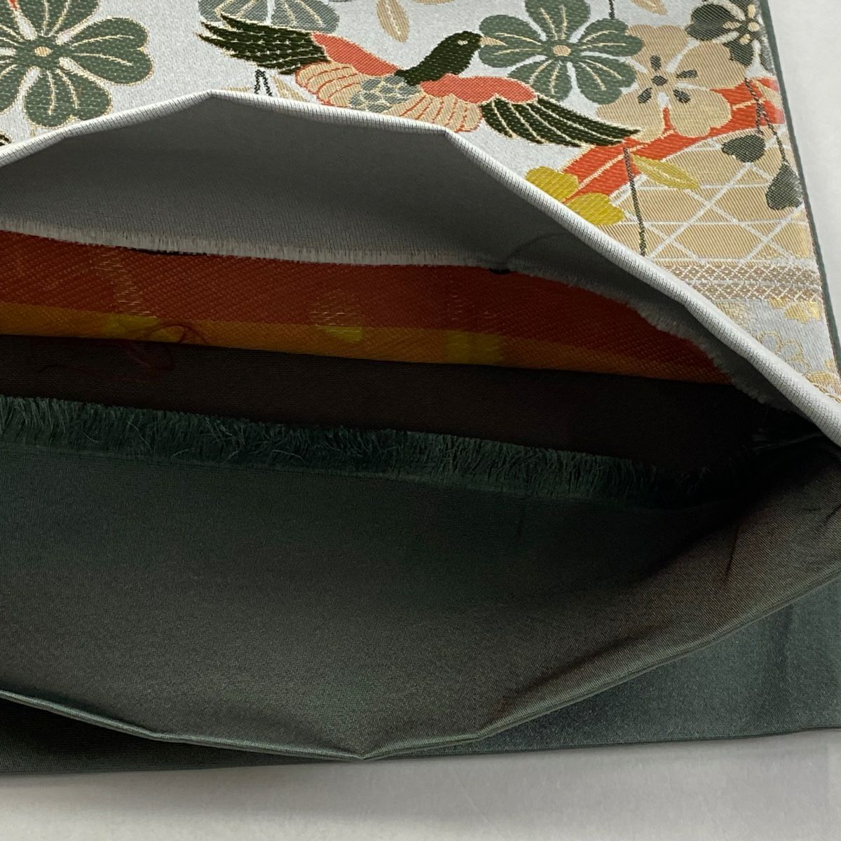 【美品】 袋帶 秀品級 草花紋紋 鳥 金金箔 灰色 六通 純蠶絲